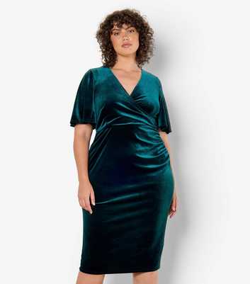 Apricot Curves Dark Green Velvet Wrap Midi Dress