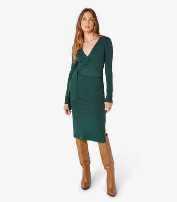 Apricot Dark Green Knitted Wrap Midi Dress