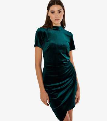 Apricot Green High Neck Draped Velvet Dress