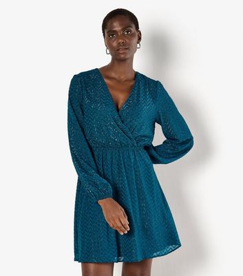 トップス ACKA jacquard mini dress Apricot Blue Jacquard Wrap Mini Dress | New Look