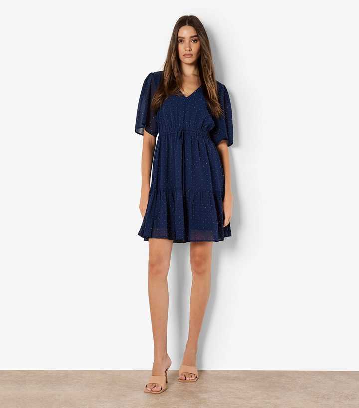 sachin and babi light blue dress Dorothy Perkins Womens Navy Spot Chiffon Twist Front Midi Dress main image 1