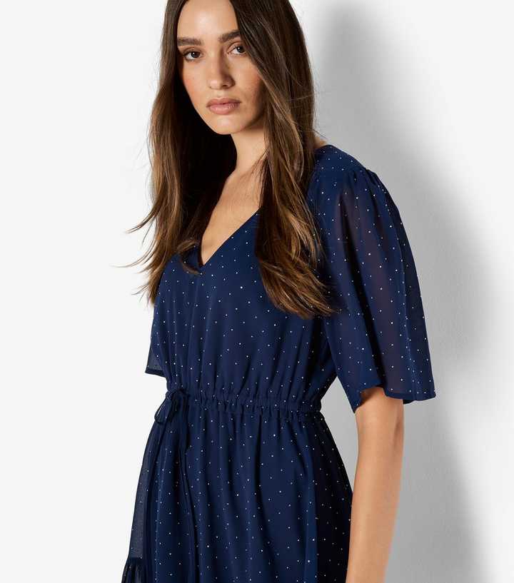 Apricot Navy Polka Dot Drawstring Waist Chiffon Dress | New Look Apricot Navy Polka Dot Drawstring Waist Chiffon Dress | New Look