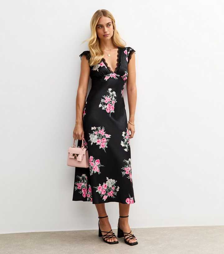 Black Floral Print Lace Trimmed Satin Midi Dress