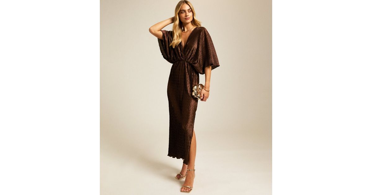 Bat Wing Maxi Dress in Brown, Long Sleeve Flowy Dress