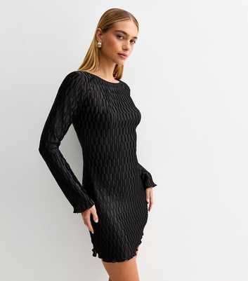 Black Plisse Tie Back Long Sleeve Mini Dress