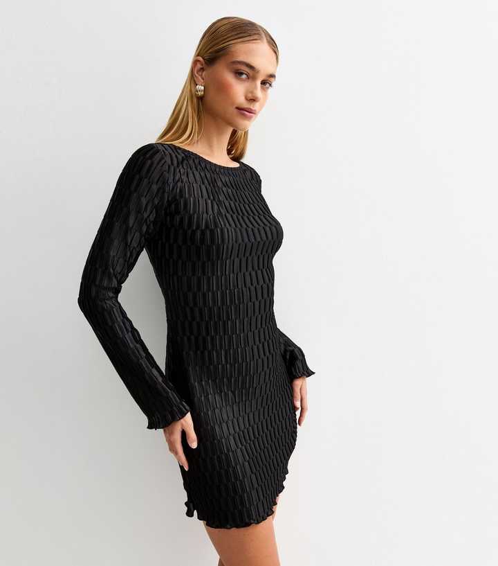 Black Plisse Tie Back Long Sleeve Mini Dress