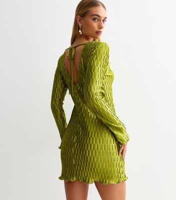 Green Plisse Tie Back Long Sleeve Mini Dress