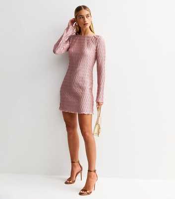 Pink Plisse Tie Back Long Sleeve Mini Dress