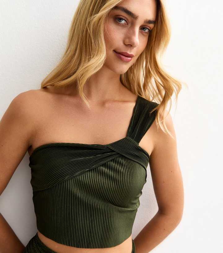 Khaki Intertwined One Shoulder Plisse Top