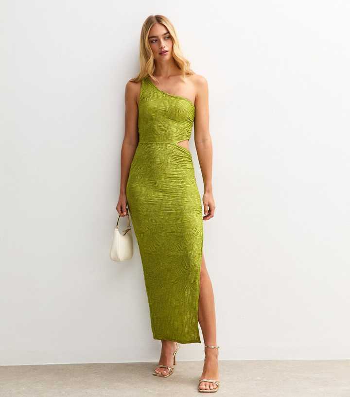 Light Green Textured Cut Out Slit Hem Midi Dress