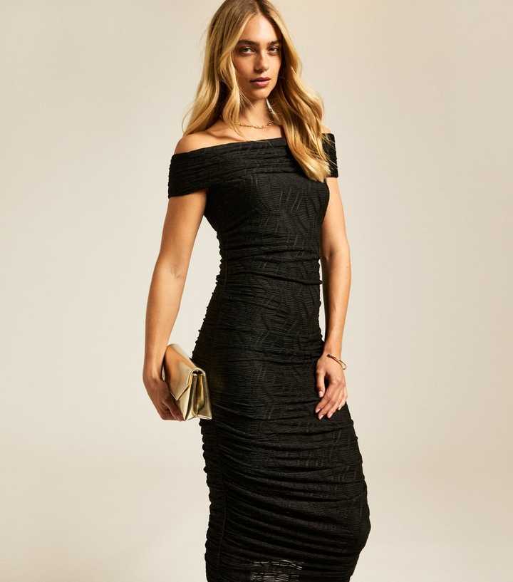 Black Textured Bardot Midi Dress