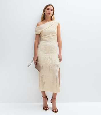 Cream Textured Ruched Bardot Midi Dress