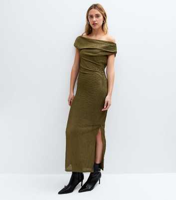 Khaki Green Textured Ruched Bardot Midi Dress