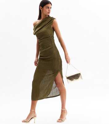 Khaki Green Textured Ruched Bardot Midi Dress