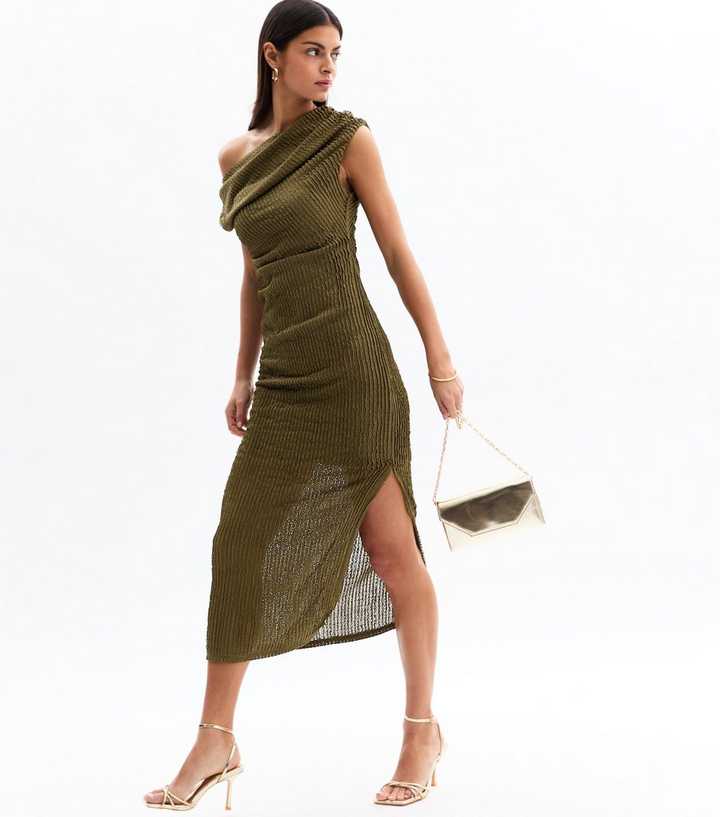 Khaki Green Textured Ruched Bardot Midi Dress
