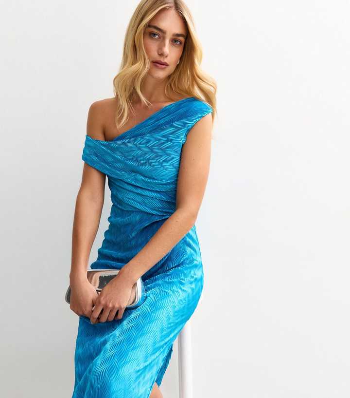 Bright Blue Textured One Shoulder Slit Hem Midi Dress