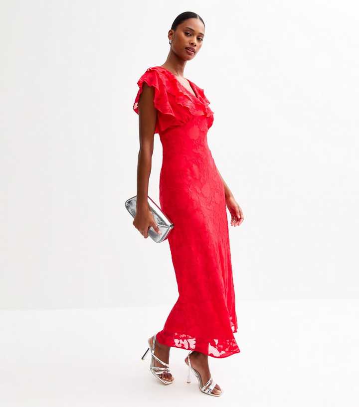 knee length dresses for ladies Elise Red Floral Cutout Midi Dress  L'Atelier London