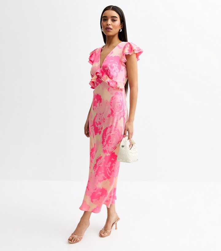new look ruffle sleeve satin midi dress in pink New Look Satin Ruffle Trimmed V-Neck Midi Dress - Light Pink