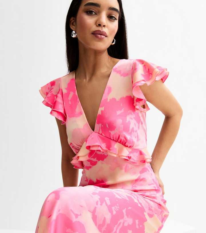 new look ruffle sleeve satin midi dress in pink New Look ruffle sleeve satin midi dress in pink