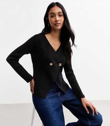 Black Compact Knit Asymmetrical Wrap Cardigan 