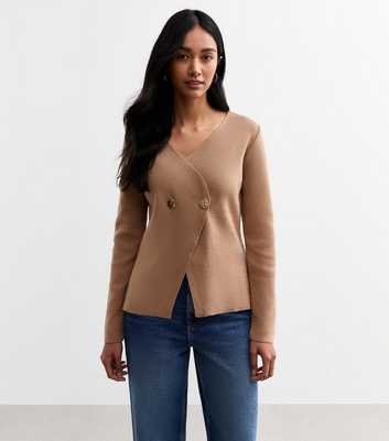 Brown Compact Knit Asymmetrical Wrap Cardigan 