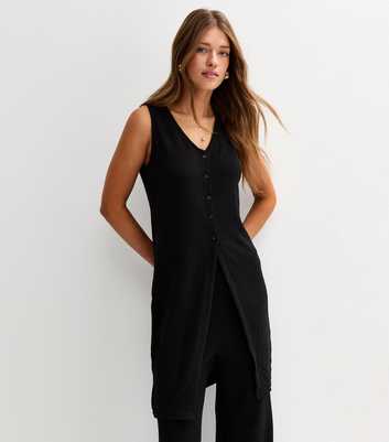 Black Textured Long Line Button Front V Neck Waistcoat