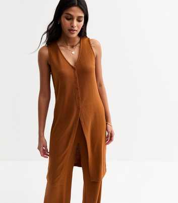 Tan Textured Long Line Button Front V Neck Waistcoat