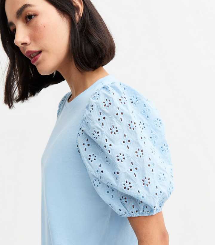 Blue Broderie Anglaise Sleeve Jersey Top