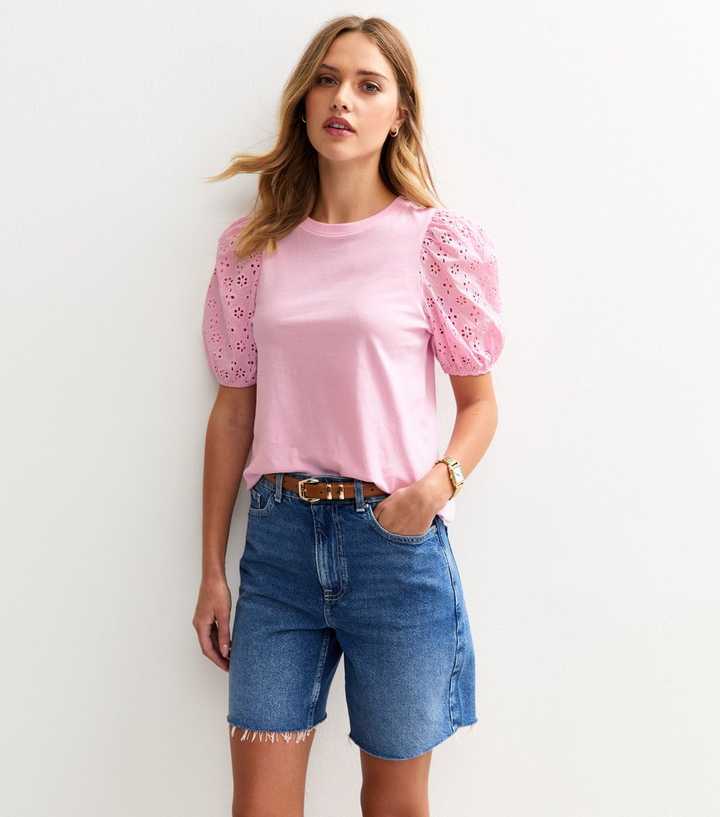 Pink Broderie Anglaise Sleeve Jersey Top