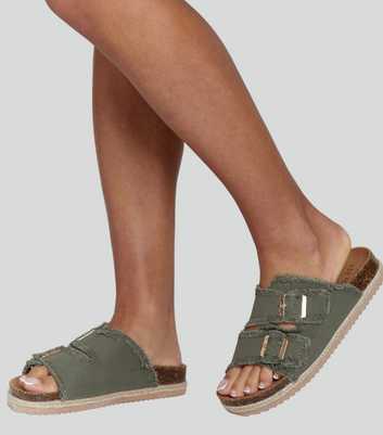South Beach Khaki Fringed Buckle Strap Sandals