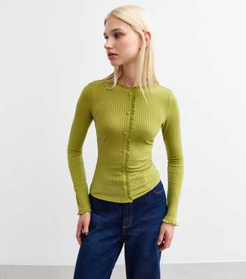 Green Frilly Trimmed Ribbed Top