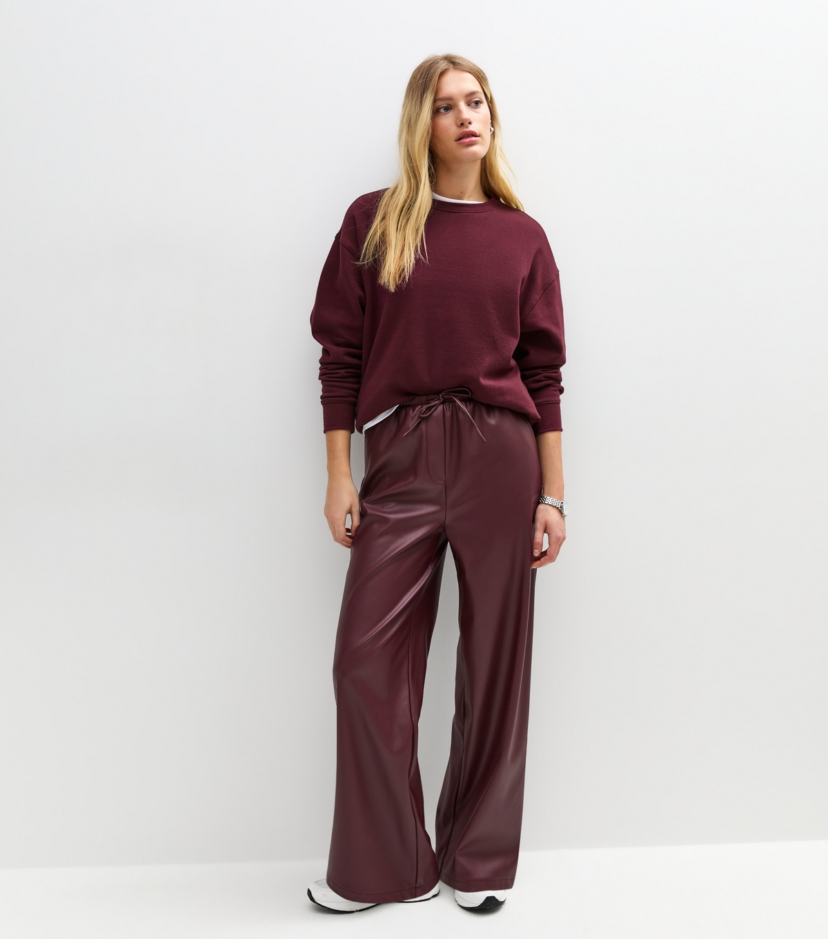 Women's Burgundy Faux Leather Wide Leg Trousers New Look