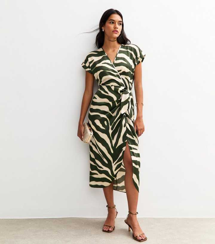 Green Zebra Print Wrap Midi Dress | New Look