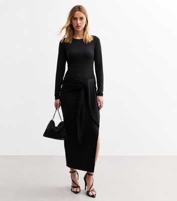 Black Tie Front Jersey Midi Dress