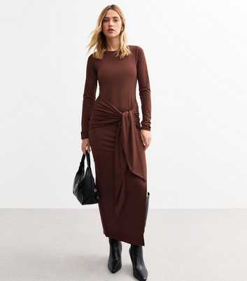 Dark Brown Tie Front Jersey Midi Dress