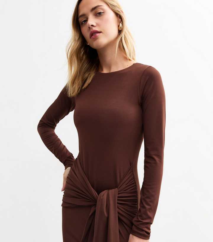 Dark Brown Tie Front Jersey Midi Dress