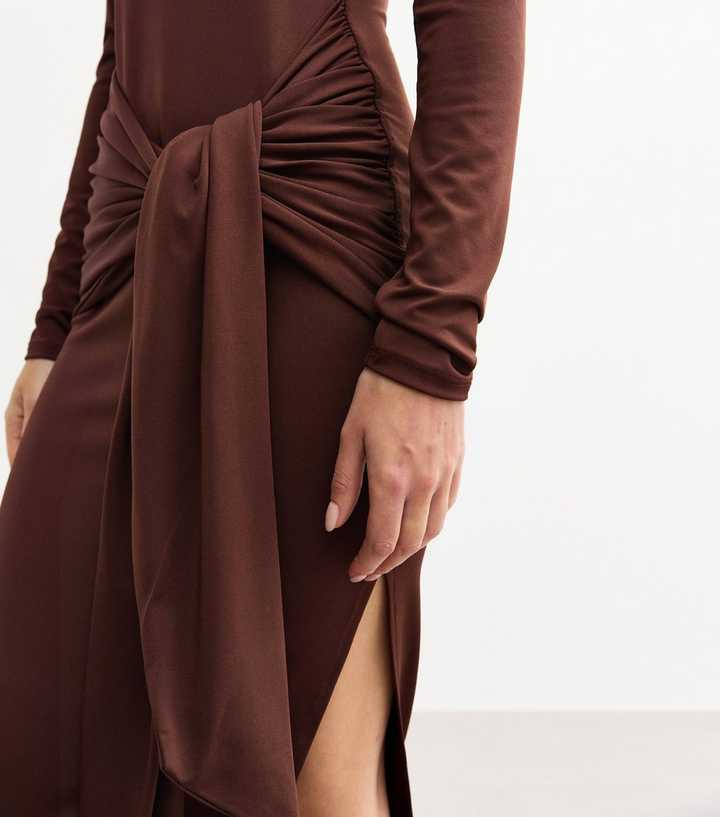 Dark Brown Tie Front Jersey Midi Dress