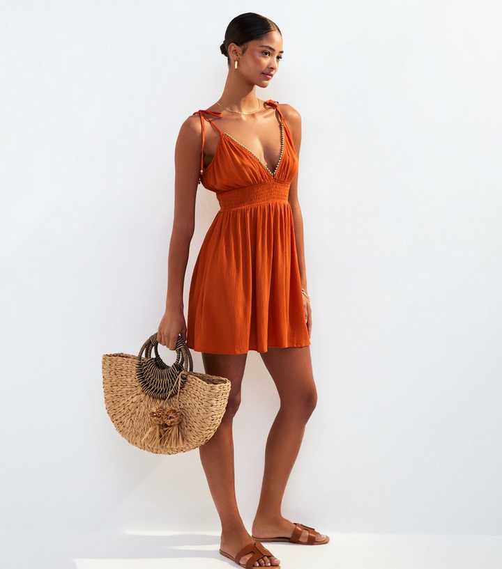 Orange Tie Strap Bead Trim Mini Cover Up Dress Orange Tie Strap Bead Trim Mini Cover Up Dress