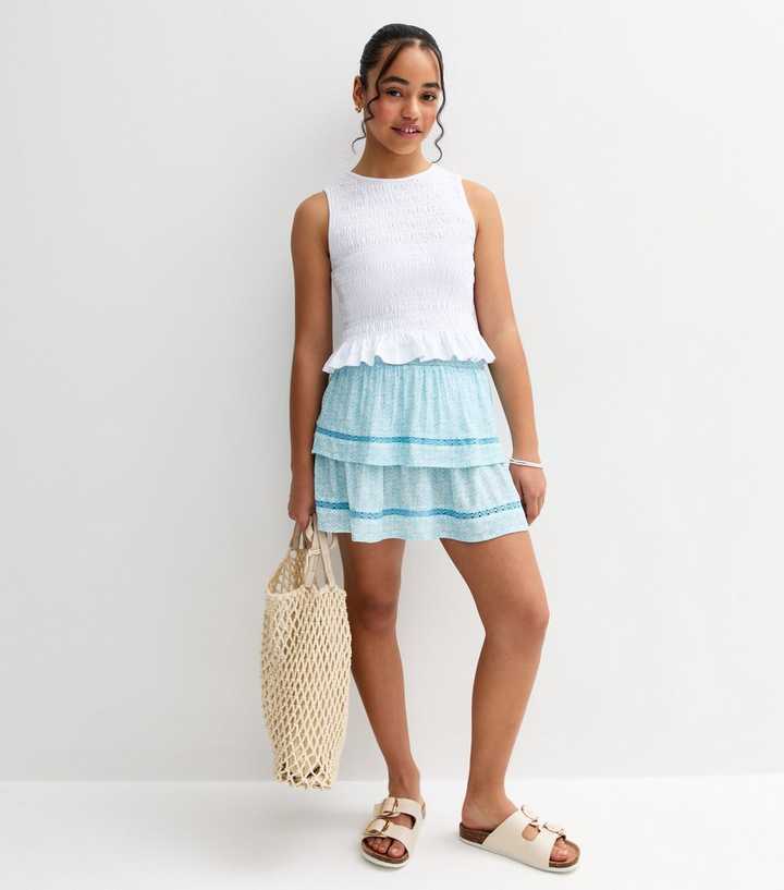Girls Blue Lace Trim Chevron Print Rara Skirt