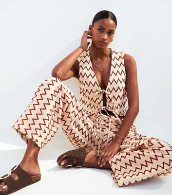 Cream Textured Zig Zag Beach Trousers