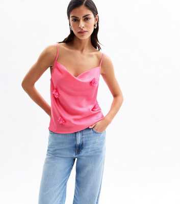 Pink Satin Floral Corsage Cowl Neck Cami Top