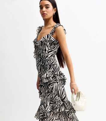 Black Zebra Print Ruffle Trimmed Maxi Dress