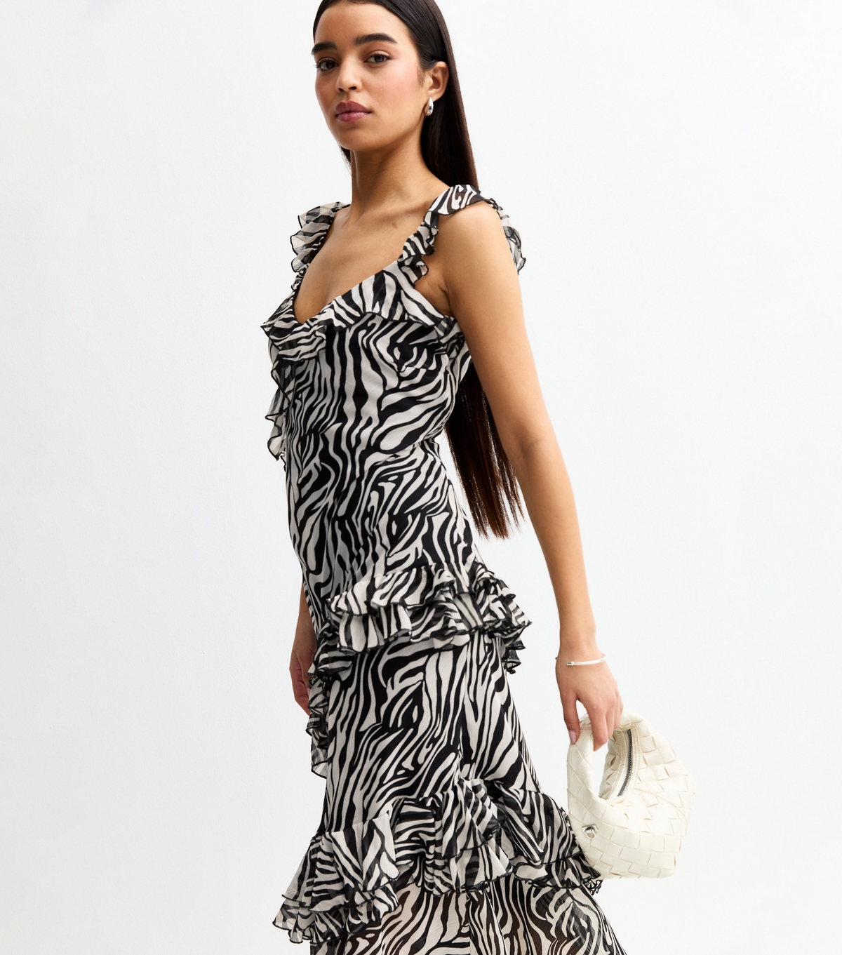 Women's Black Zebra Print Ruffle Trimmed Maxi Dress New Look