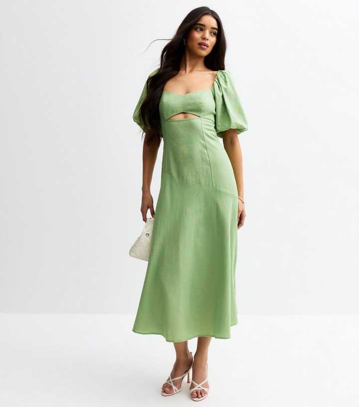 green linen puff sleeve dress Light Blend Midi Wrap dress