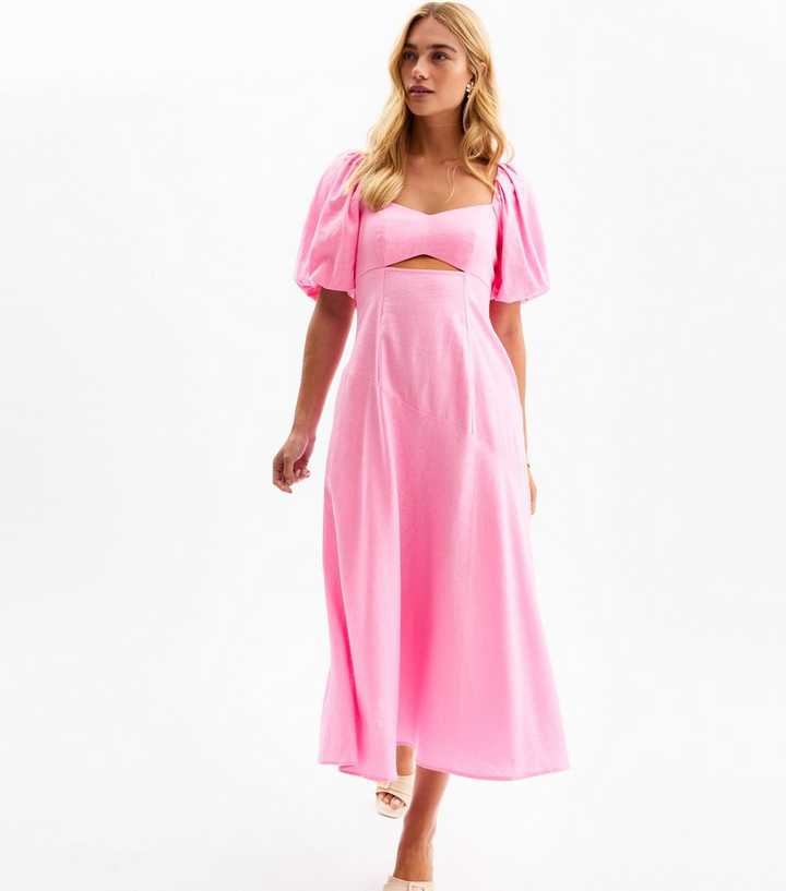 Pink Linen Blend Puff Sleeve Midi Dress | New Look