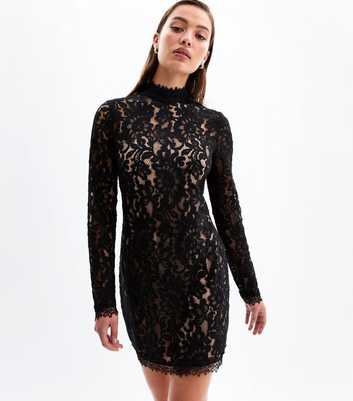 Black Lace High Neck Long Sleeve Mini Dress