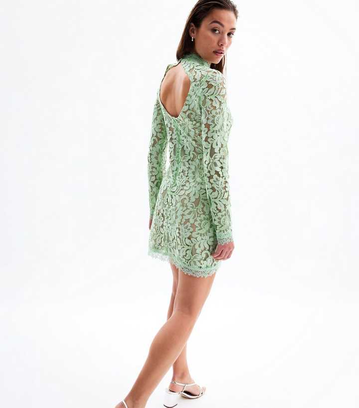 Light Green Lace High Neck Long Sleeve Mini Dress | New Look