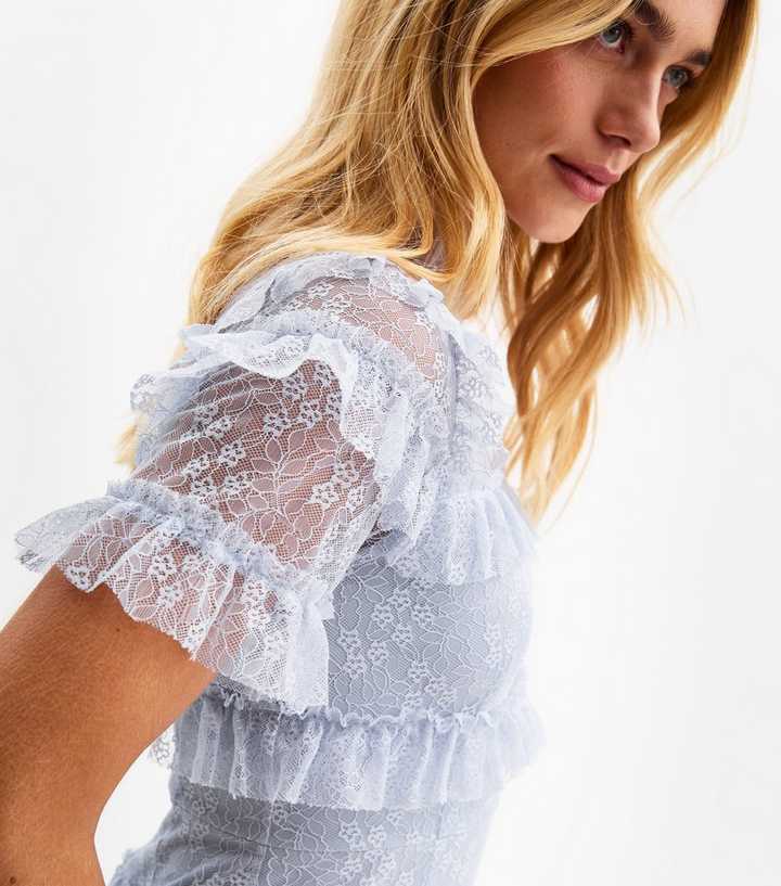 Light Blue Lace Tiered Ruffle Midi Dress