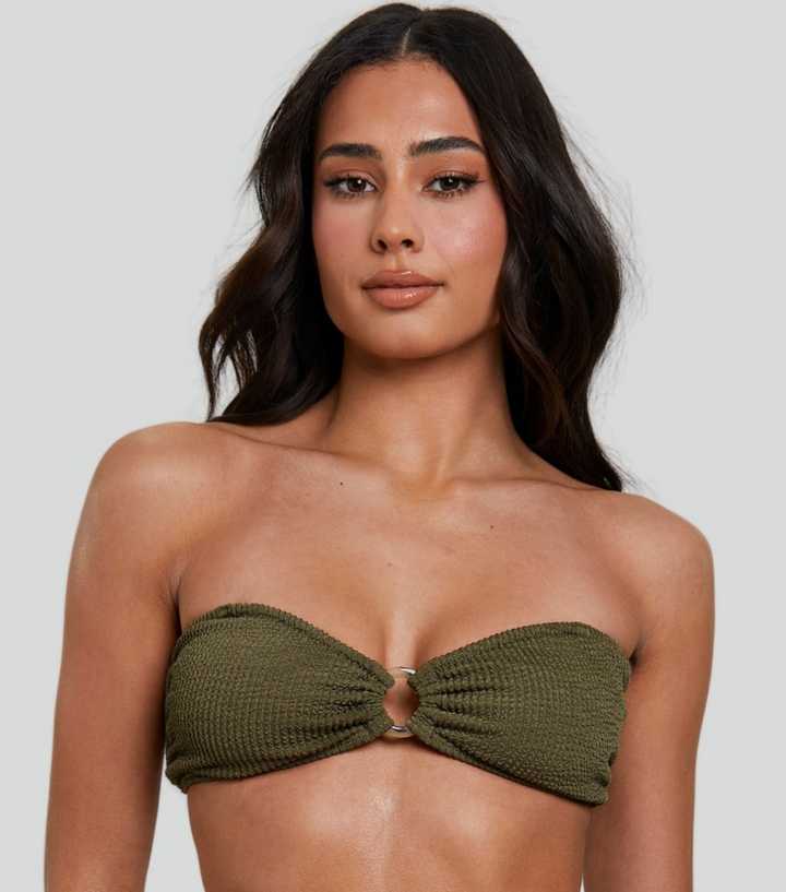 South Beach Dark Khaki Crinkle Ring Detail Bandeau Bikini With Removable Straps