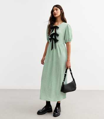 Green Gingham Tie Front Midi Dress